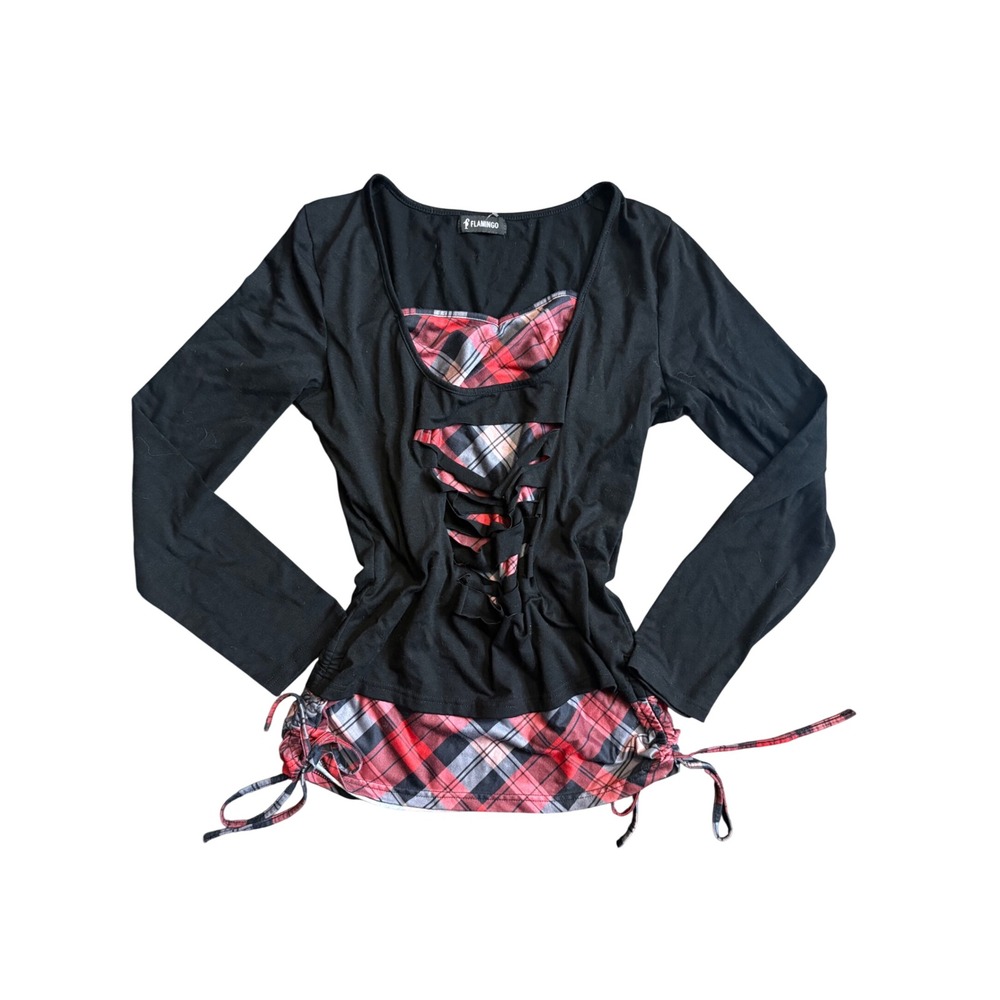 Flamingo Y2K Black Red Plaid Corset Top Long Sleeve Emo Punk Goth Ruched